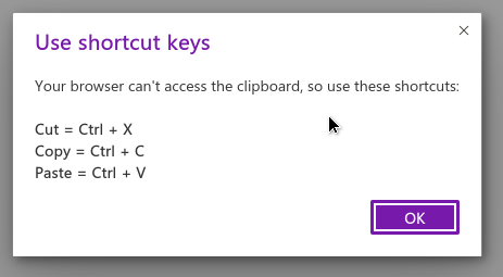 crappy message about using shortcut keys